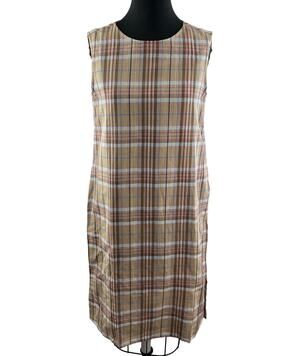LIN BLANC Tan Brown Tartan Plaid Sleeveless Prairie Shift Dress Sz M Medium NEW